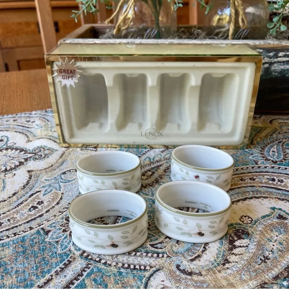 Lenox Butterfly Meadow Porcelain Napkin Rings Bee Ladybug Set of 4 Box #6227474